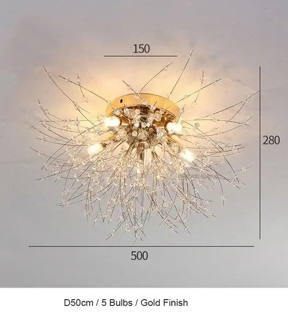 Gold-finished modern crystal dandelion chandelier led pendant lamp with five bulbs and delicate crystal strands for dining room decor