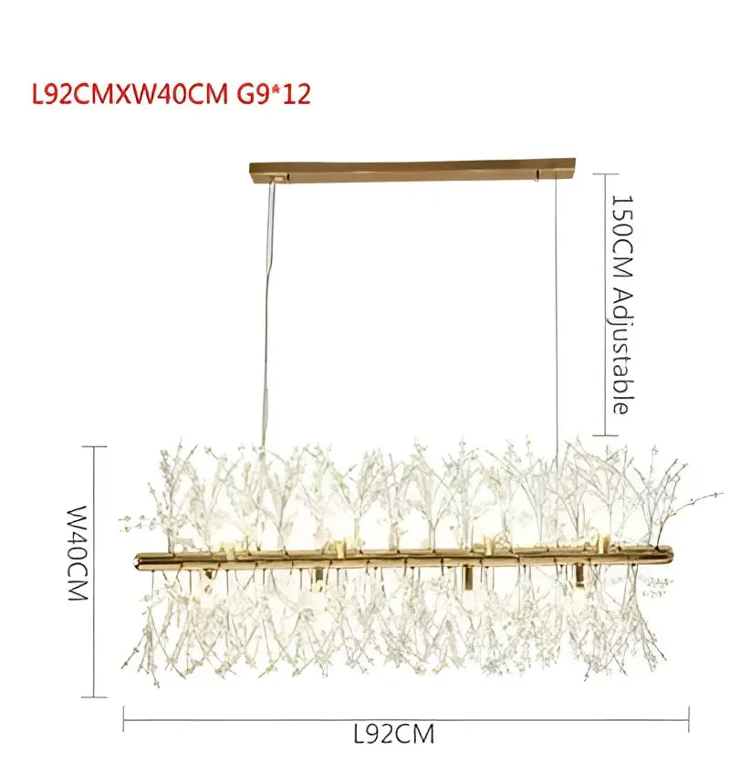 Gold-toned rectangular decorbites dandelion chandelier led pendant lamp with cascading crystal branches and adjustable height