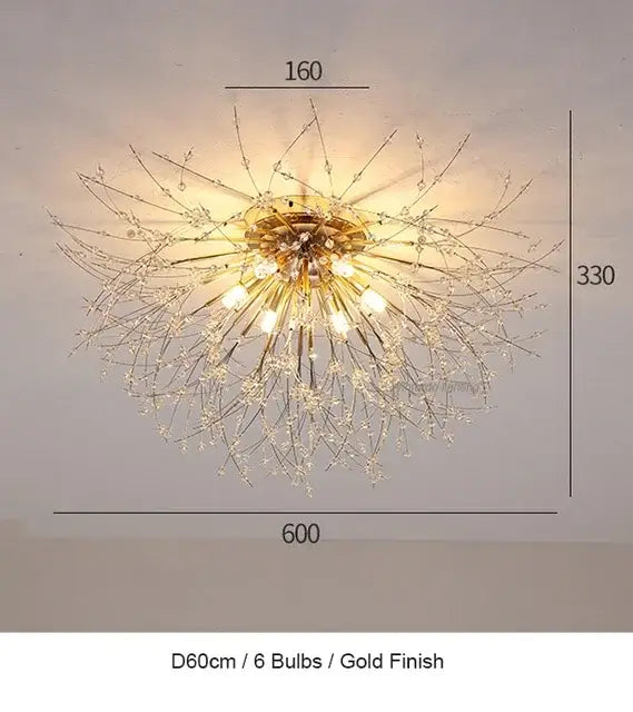 Gold-finished decorbites dandelion chandelier led pendant lamp with six bulbs and crystal accents for dining room decor