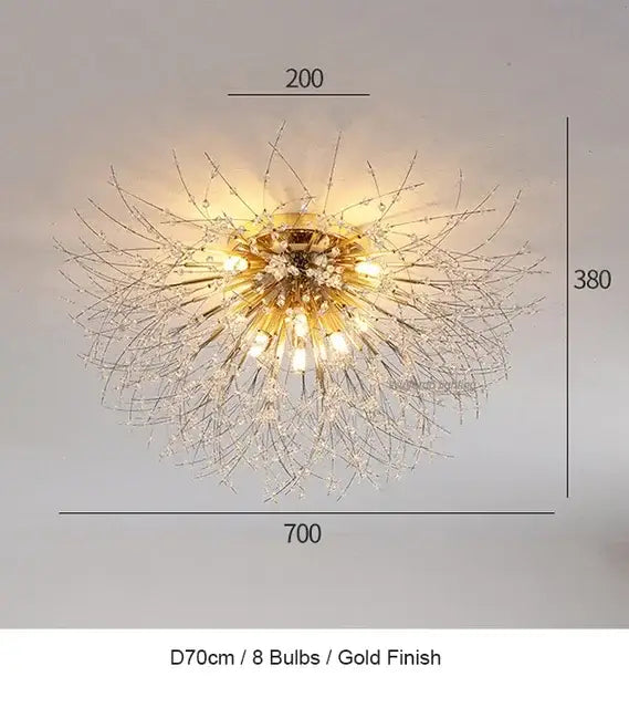 Gold-finished decorbites dandelion chandelier led pendant lamp with crystal-encrusted arms and eight warm bulbs for dining room decor
