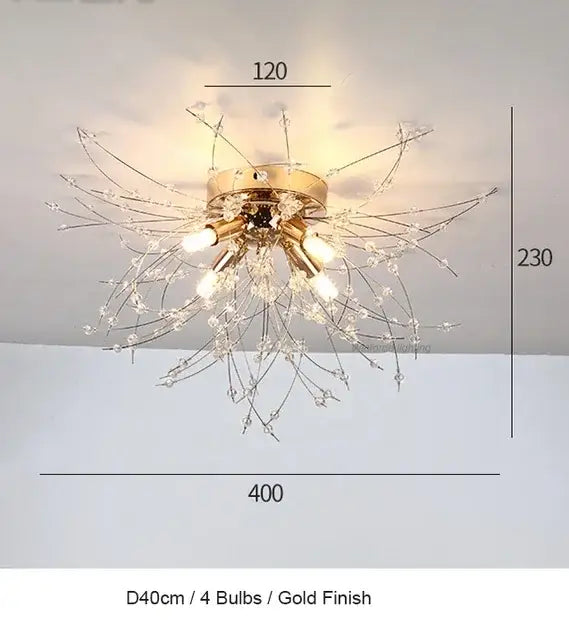 Modern crystal dandelion chandelier led pendant lamp with gold-finished starburst metal arms and four bulbs for dining room decor