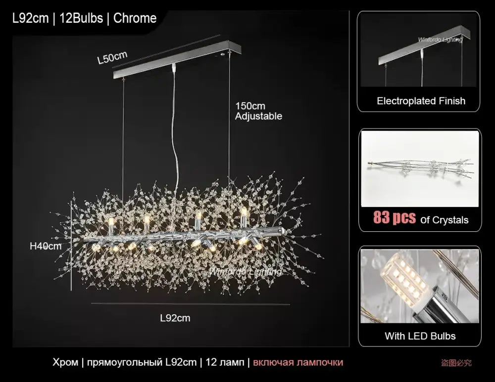 Modern crystal dandelion led ceiling chandelier with chrome finish 12 led bulbs and 83 crystals decorbites dandelion led