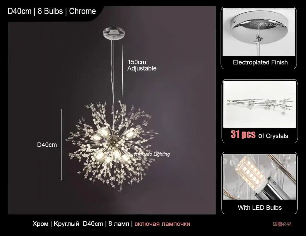Modern crystal dandelion led ceiling chandelier with chrome finish, 31 crystals, and eight led bulbs for living room decorbites dandelion led