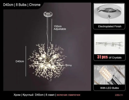 Modern crystal dandelion led ceiling chandelier with chrome finish, 31 crystals, and eight led bulbs for living room decorbites dandelion led