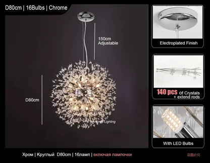 Modern crystal dandelion led ceiling chandelier with chrome finish 16 led bulbs and 140 crystals decorbites dandelion led