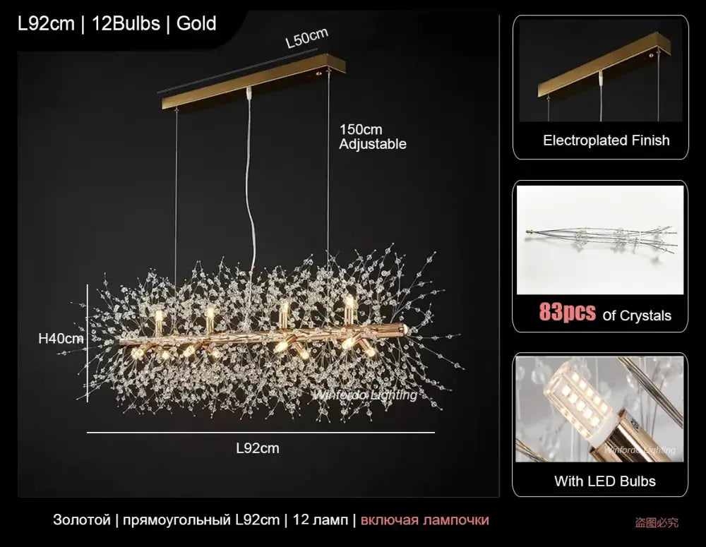 Gold electroplated decorbites dandelion led ceiling chandelier with 12 led bulbs and 83 crystals for living room decor