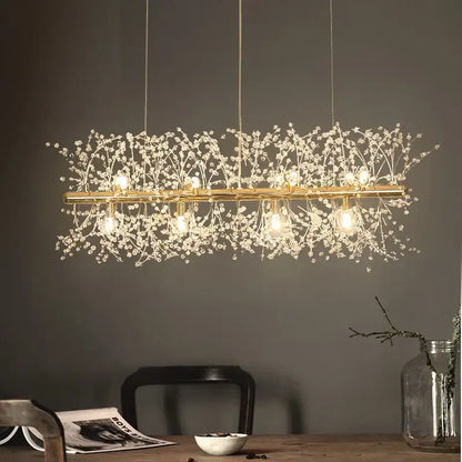 Gold-toned decorbites dandelion led ceiling chandelier with delicate crystal branches and warm glowing bulbs for living room decor
