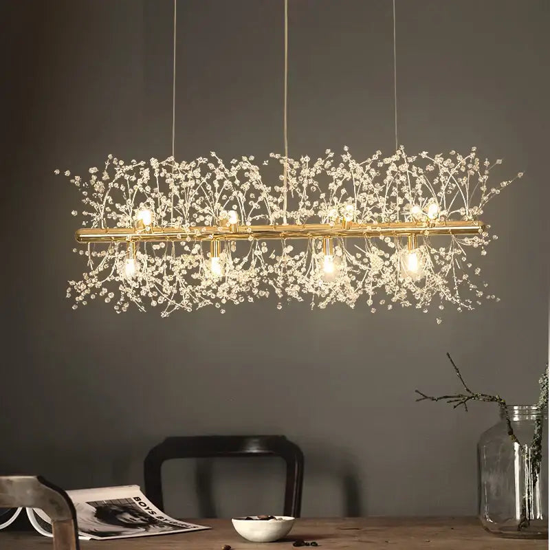Gold-toned decorbites dandelion led ceiling chandelier with delicate crystal branches and warm glowing bulbs for living room decor