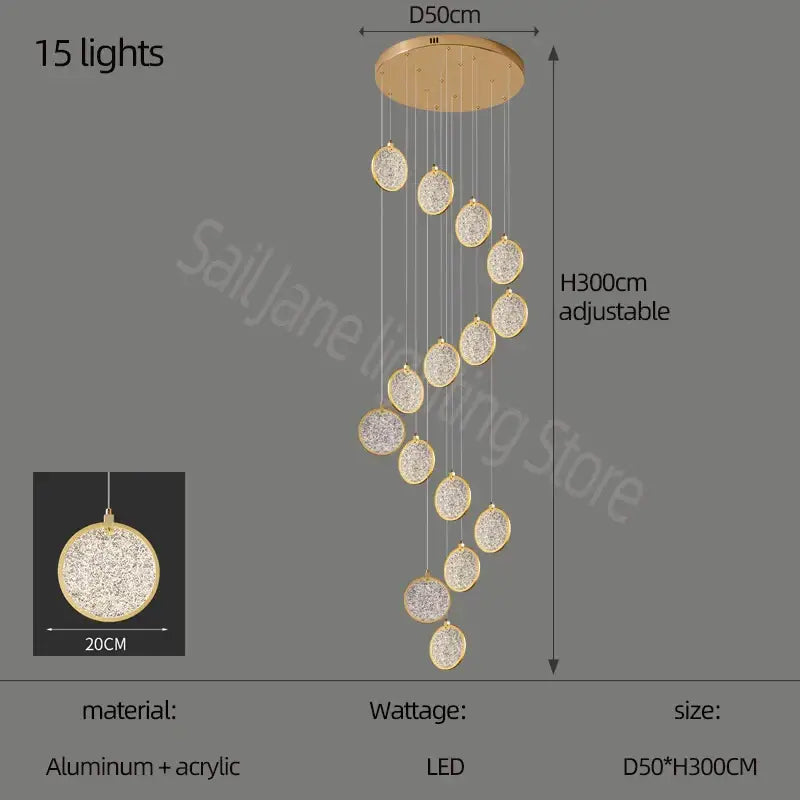 Modern crystal double story led ring chandelier in gold tone with 15 cascading aluminum and acrylic lights for living room