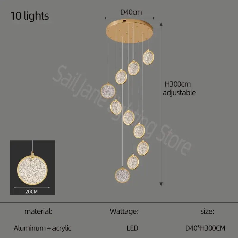 Gold-toned modern double story led ring chandelier with ten crystal-encrusted aluminum and acrylic spherical lights