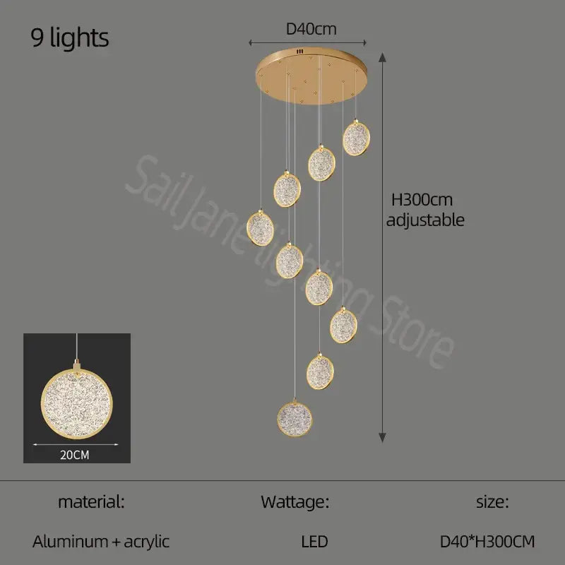 Gold-toned modern crystal double story led ring chandelier with nine acrylic crystal spheres for living room light