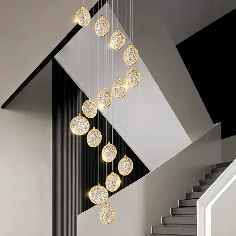 Golden circular pendant double story led ring chandelier with sparkling crystal embellishments for living room lighting