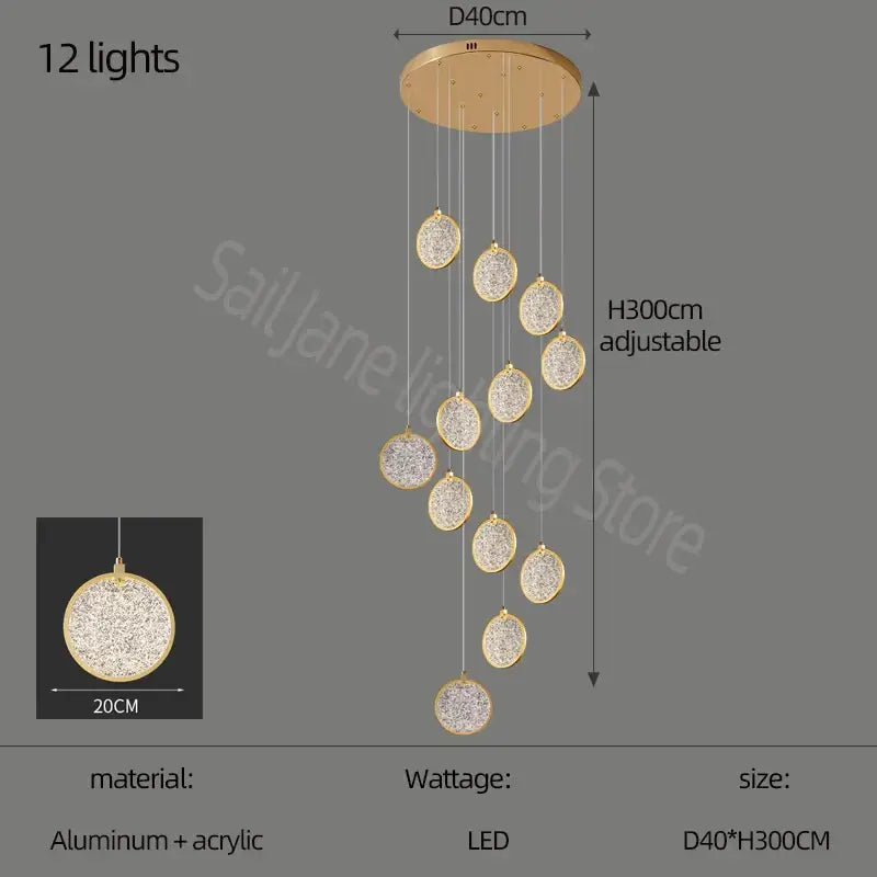 Gold-toned modern double story led ring chandelier with 12 crystal-encrusted lights on adjustable aluminum base