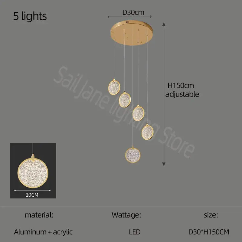 Gold-toned modern double story led ring chandelier with five crystal-encrusted spherical bulbs and aluminum base