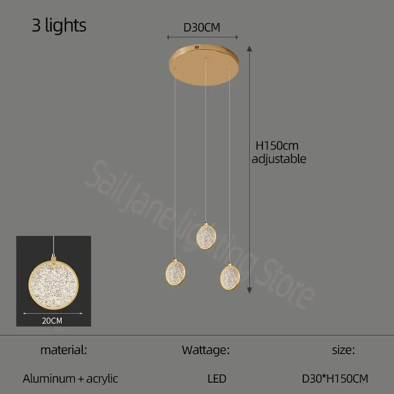 Gold-toned modern pendant light with three oval crystal bulbs and aluminum mount featured in double story led ring chandelier