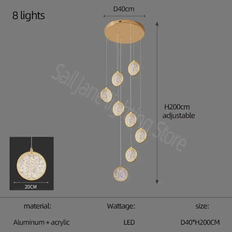 Gold-toned modern double story led ring chandelier with eight acrylic crystal encased circular led lights for living room