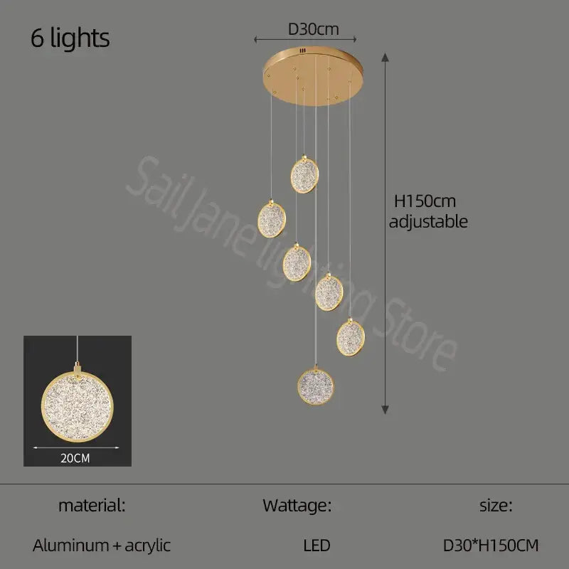 Gold-toned modern pendant light with six crystal orbs suspended from adjustable aluminum base for double story led ring chandelier