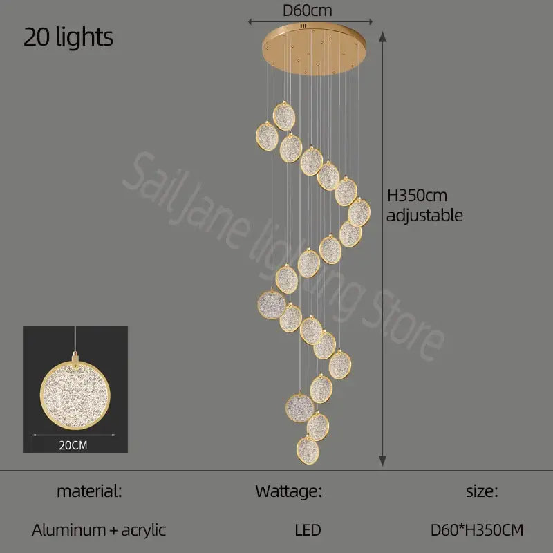 Modern crystal double story led ring chandelier with gold-toned spiral design and acrylic crystal pendants for living room light