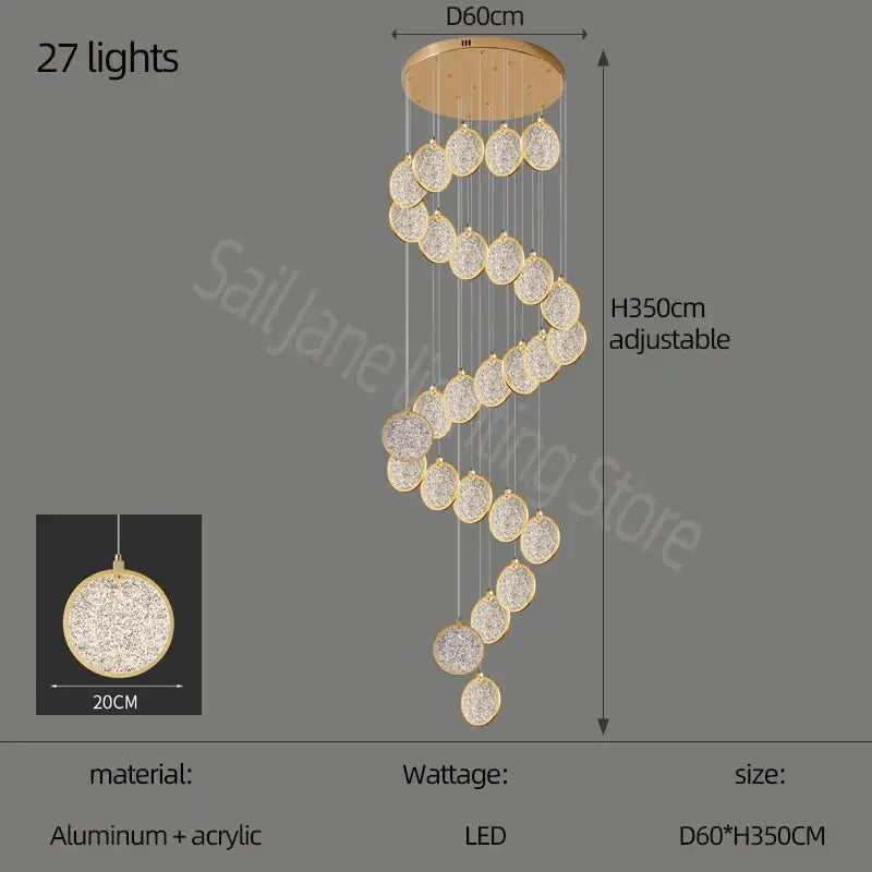 Gold-toned modern crystal double story led ring chandelier with 27 acrylic and aluminum circular lights for living room
