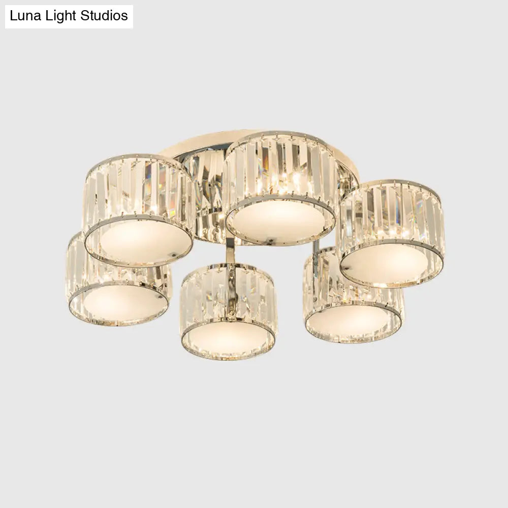 DecorBites™ DecorBites™ Modern Crystal Drum Shade Ceiling Mount Fixture - 5/6 Heads - Clear - Living Room Lamp