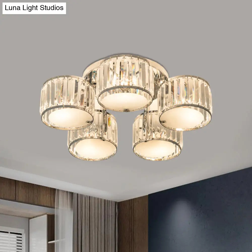 DecorBites™ DecorBites™ Modern Crystal Drum Shade Ceiling Mount Fixture - 5/6 Heads - Clear - Living Room Lamp