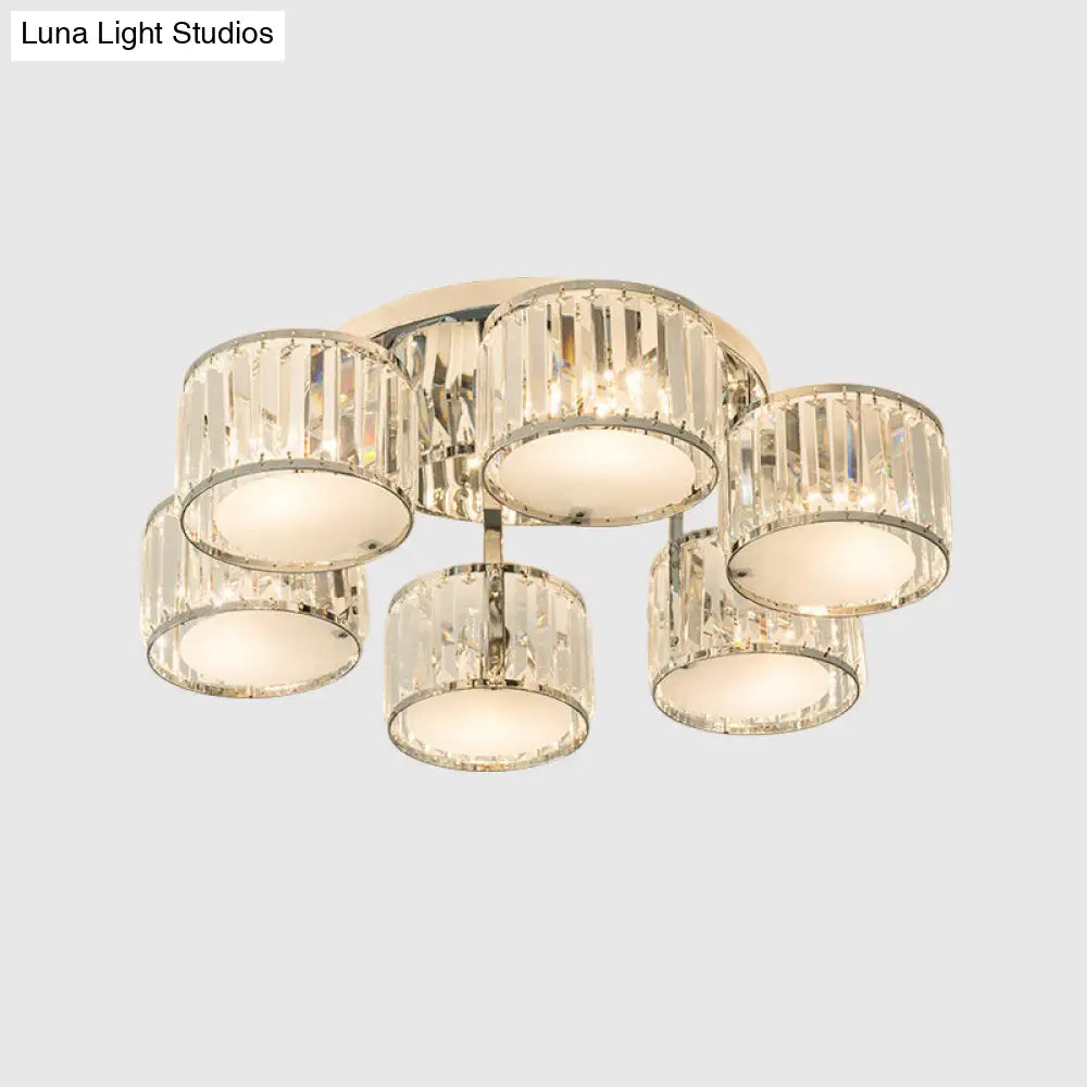 DecorBites™ DecorBites™ Modern Crystal Drum Shade Ceiling Mount Fixture - 5/6 Heads - Clear - Living Room Lamp