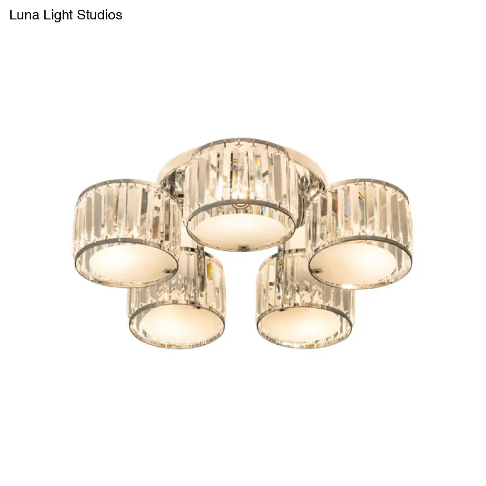 DecorBites™ DecorBites™ Modern Crystal Drum Shade Ceiling Mount Fixture - 5/6 Heads - Clear - Living Room Lamp