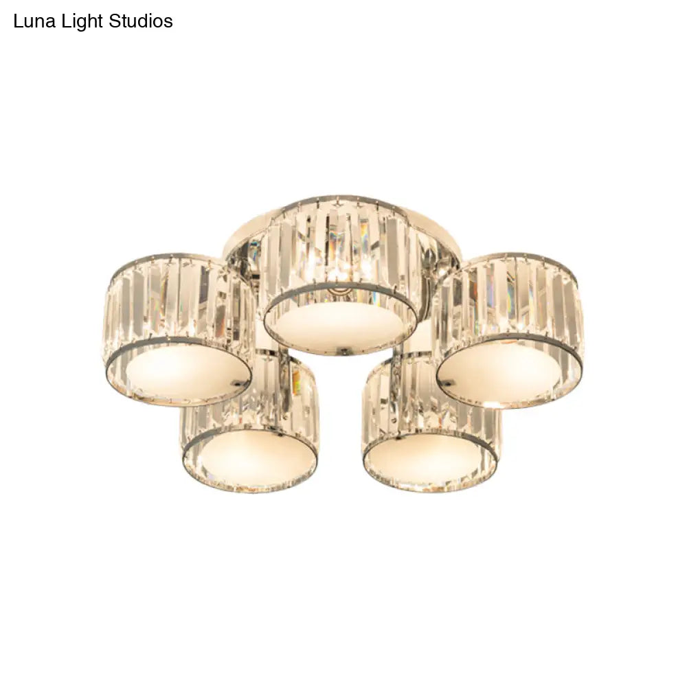 DecorBites™ DecorBites™ Modern Crystal Drum Shade Ceiling Mount Fixture - 5/6 Heads - Clear - Living Room Lamp