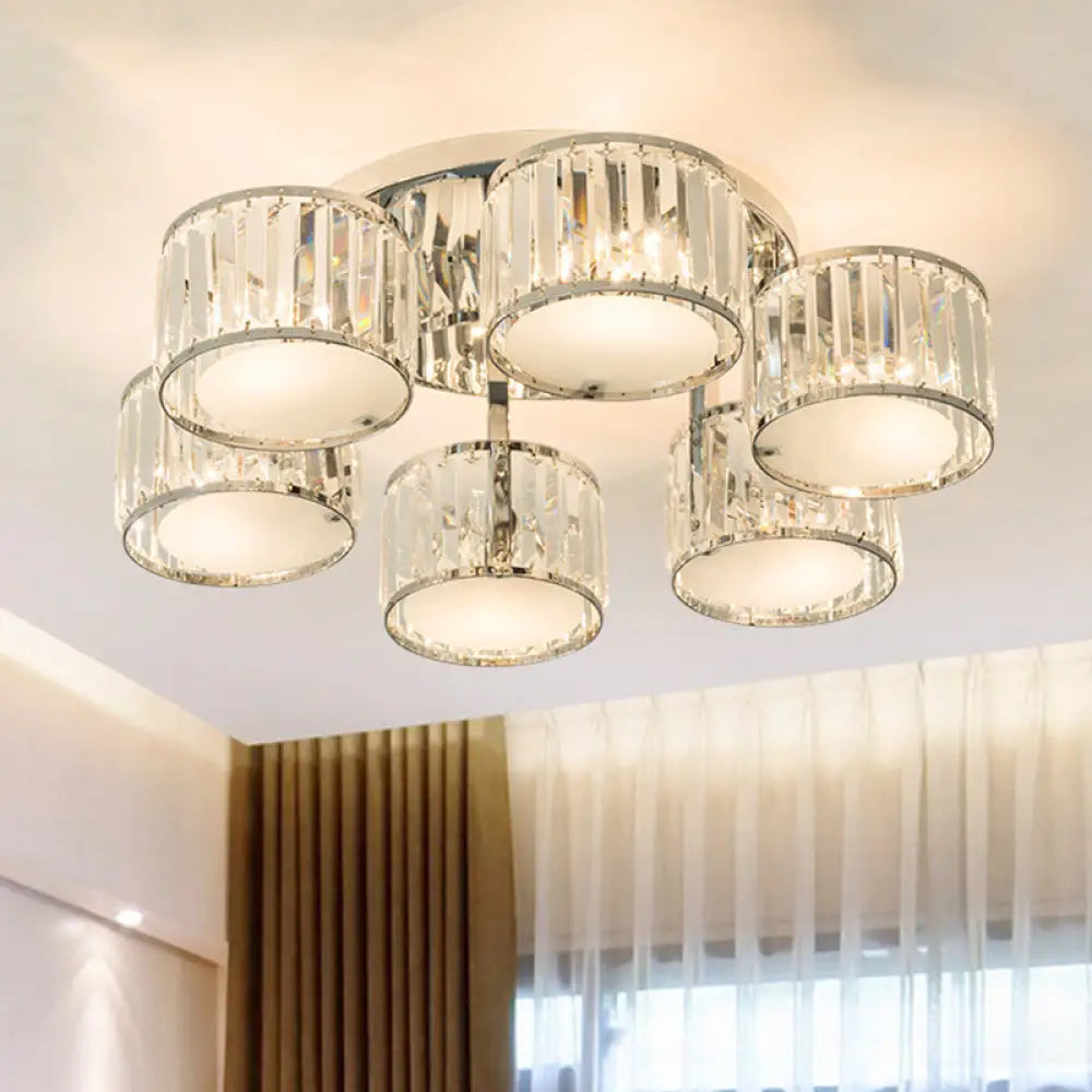 DecorBites™ DecorBites™ Modern Crystal Drum Shade Ceiling Mount Fixture - 5/6 Heads - Clear - Living Room Lamp