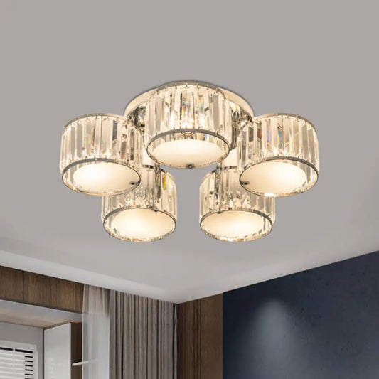 DecorBites™ DecorBites™ Modern Crystal Drum Shade Ceiling Mount Fixture - 5/6 Heads - Clear - Living Room Lamp
