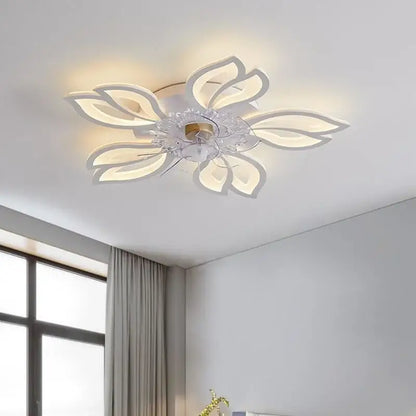 A modern white flower-shaped dimmable ceiling fan light with illuminated petals and a central crystal accent