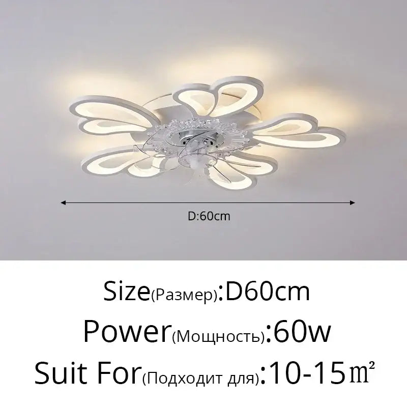 Modern silver-toned crystal flower ceiling fan lights with curved petal arms for bedroom dimmable lighting fixture