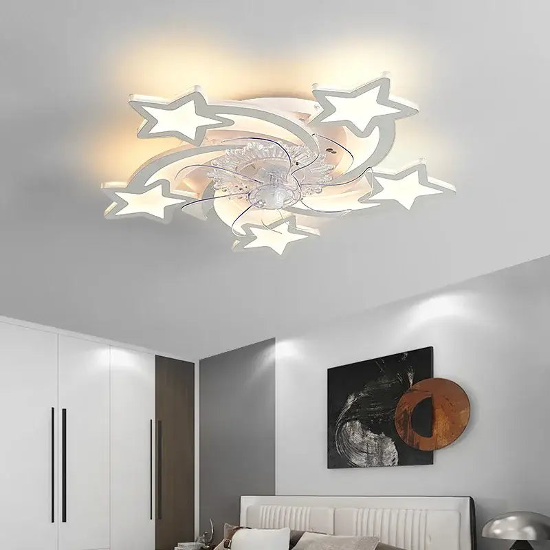 Modern star-themed ceiling fan lights with sleek white and clear crystal design for bedroom dimmable lighting fixture