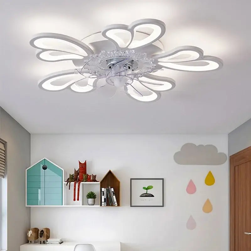 A modern white led ceiling fan light with translucent petal arms and central crystal embellishment for bedroom use