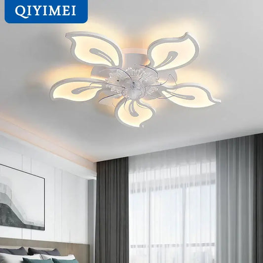 Modern crystal flower ceiling fan lights with white and clear crystal petals, dimmable for bedroom use