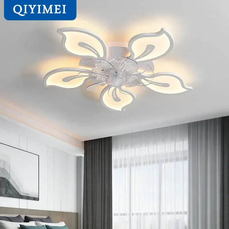 Modern crystal flower ceiling fan lights with white and clear crystal petals, dimmable for bedroom use