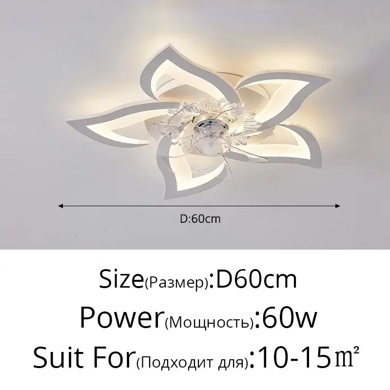 Modern crystal flower ceiling fan lights with six-petal white acrylic design and crystal accents for bedroom use