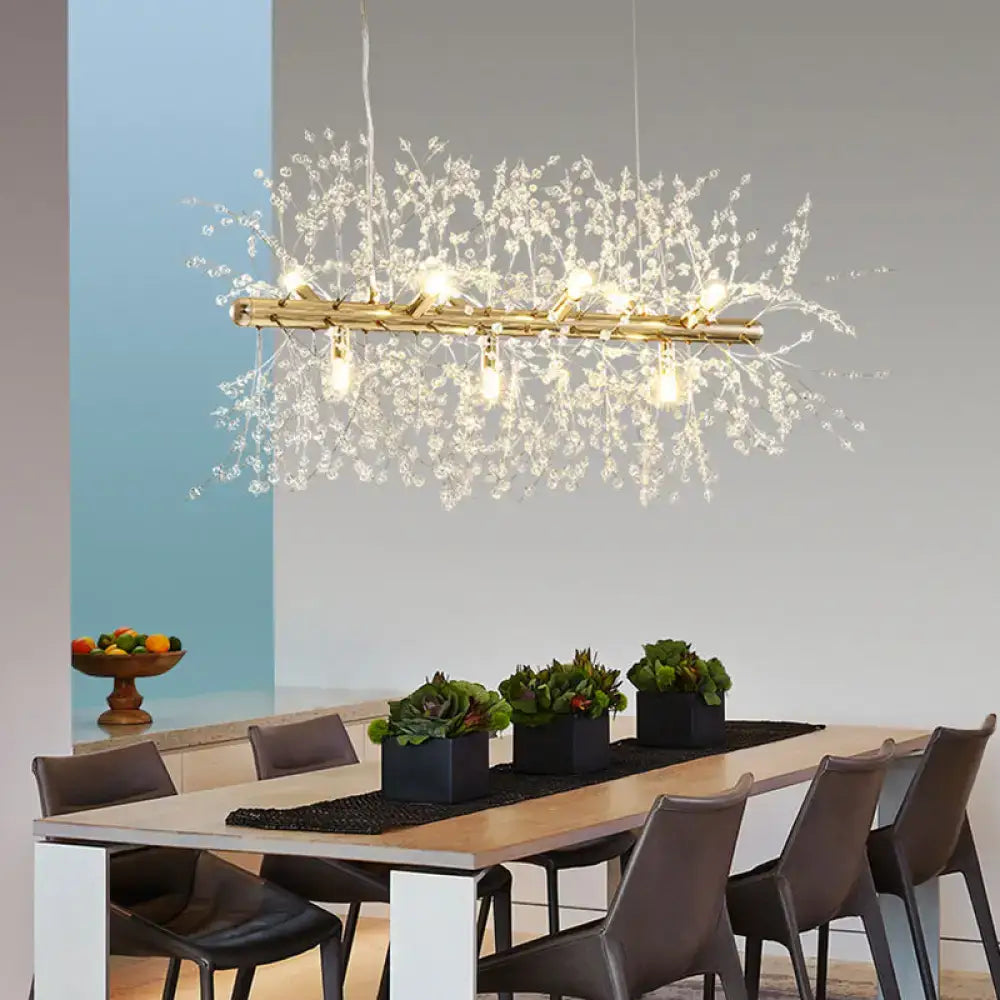 Decorbites™ modern crystal flower island pendant ceiling lamp in gold with branch design and clear crystal droplets