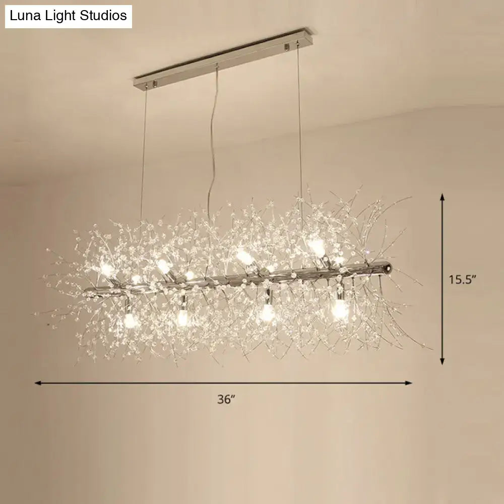 DecorBites modern crystal flower island ceiling lamp with silver-tone chrome and clear crystal branches for kitchen