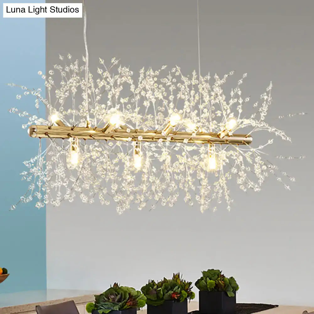 DecorBites modern crystal flower island ceiling lamp with gold tone crystal branches and warm glowing bulbs for kitchen