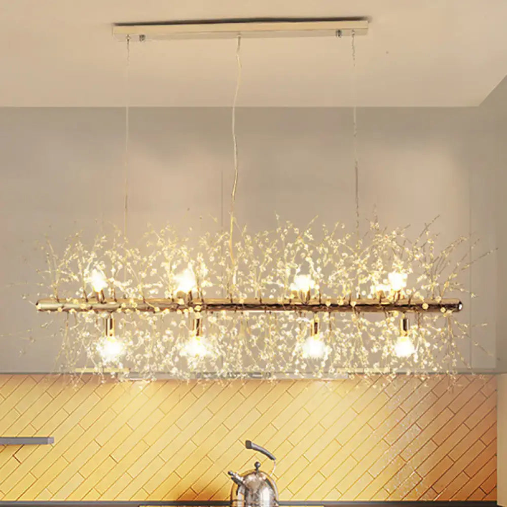 DecorBites™ modern crystal flower island pendant ceiling lamp with gold tone and delicate crystal branches glowing warmly