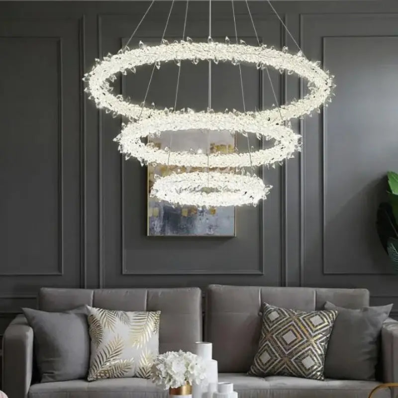 Modern crystal flower led chandelier with cascading crystals and sleek metallic frame for dining room decorbites crystal flower