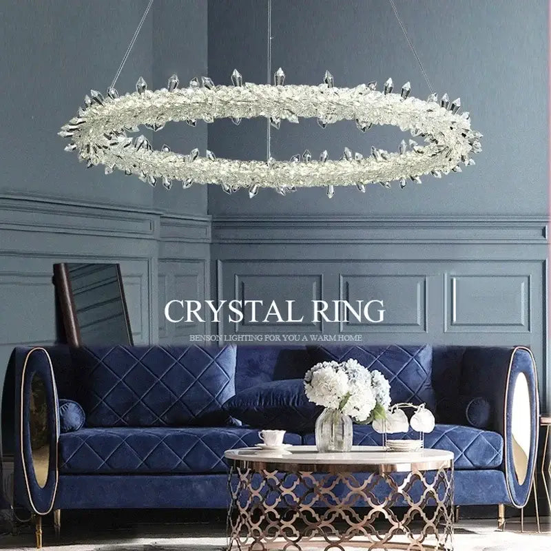 A modern crystal flower led chandelier with clear faceted crystals in a circular design for dining room decorbites crystal flower