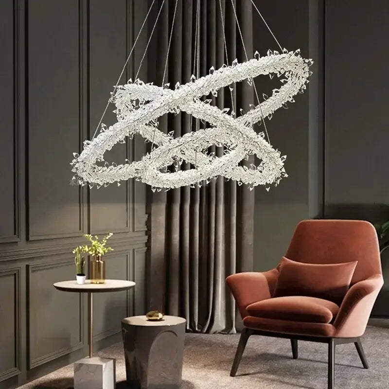 Modern crystal flower led chandelier with crystal-encrusted intertwined rings for living room decorbites crystal flower pendant light