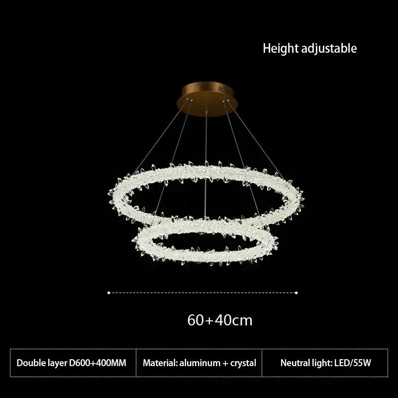 Modern crystal flower led chandelier with gold-toned aluminum mount and clear crystal rings for living room decorbites decor