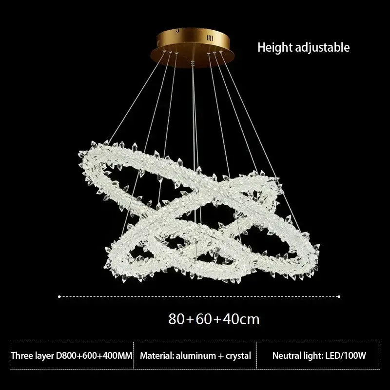 A modern height-adjustable flower led chandelier with interlocking crystal rings and a gold-toned aluminum mount for living room decorbites crystal flower design