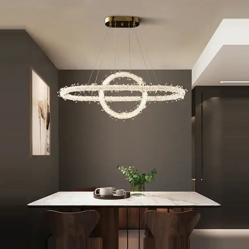 Modern crystal flower led chandelier pendant light with two crystal flower led interlocking rings and gold fixture