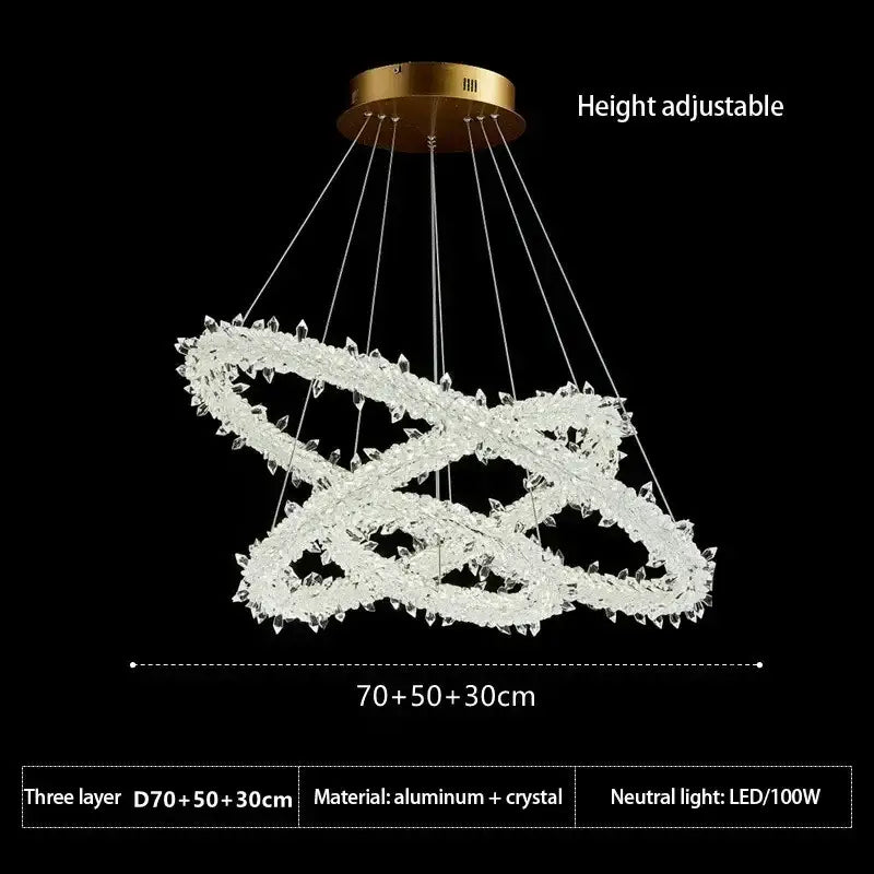 Modern crystal flower led chandelier with three-layer intertwined rings and gold-toned mount for living room decorbites crystal flower