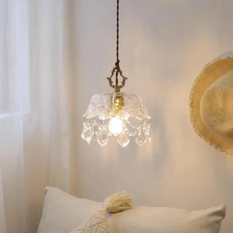 A modern crystal glass led pendant lamp with brass fixture and faceted glass pieces for dining room decorbites crystal glass