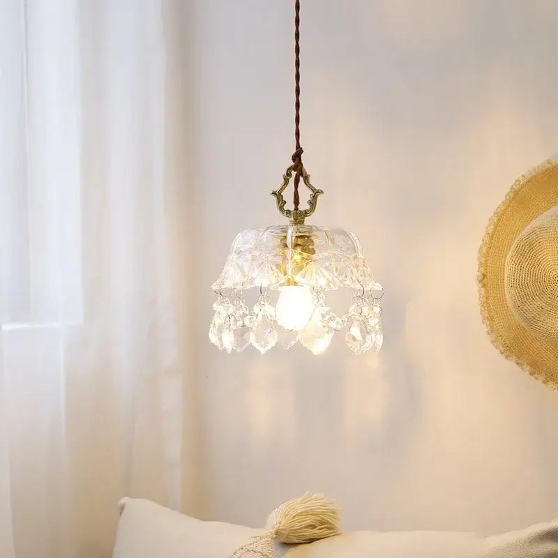 Delicate decorbites crystal glass led pendant lamp with brass fixture and braided cord for dining room lighting